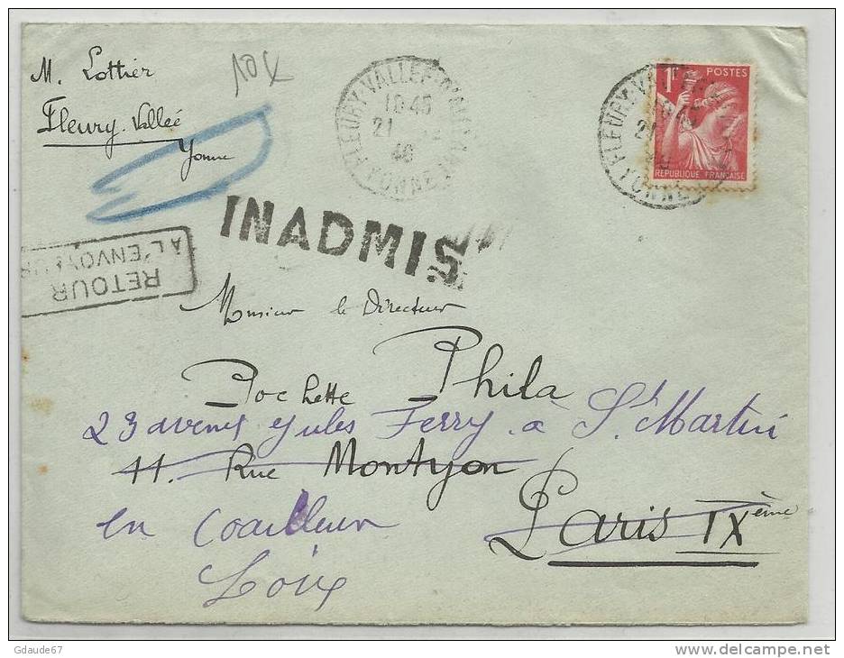 1940 - ENVELOPPE De FLEURY LA VALLEE (YONNE) INADMISE REEXPEDIEE - SEUL SUR LETTRE IRIS - Briefe U. Dokumente