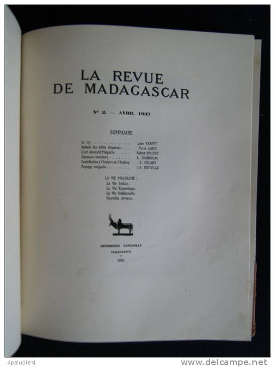 LA REVUE DE MADAGASCAR 1933 Ethnologie Art décoratif Malgache  Musique Léon CAYLA Pierre CAMO