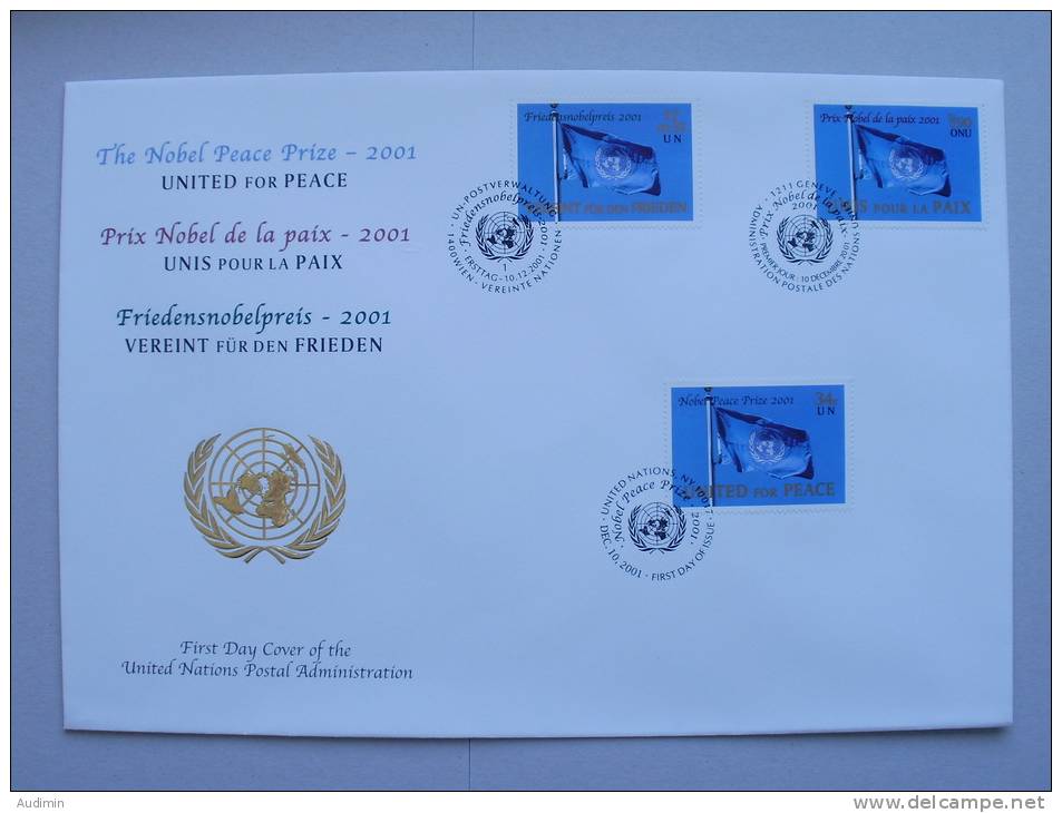 UNO TRIO-FDC (70) Friedensnobelpreis 2001 Für Die UNO Und Kofi Annan Auf Genfer-Cachet - Emisiones Comunes New York/Ginebra/Vienna