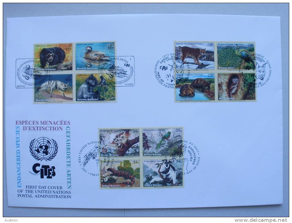 UNO TRIO-FDC (64) Gefährdete Arten 2001, Fauna Auf Genfer-Cachet - New York/Geneva/Vienna Joint Issues