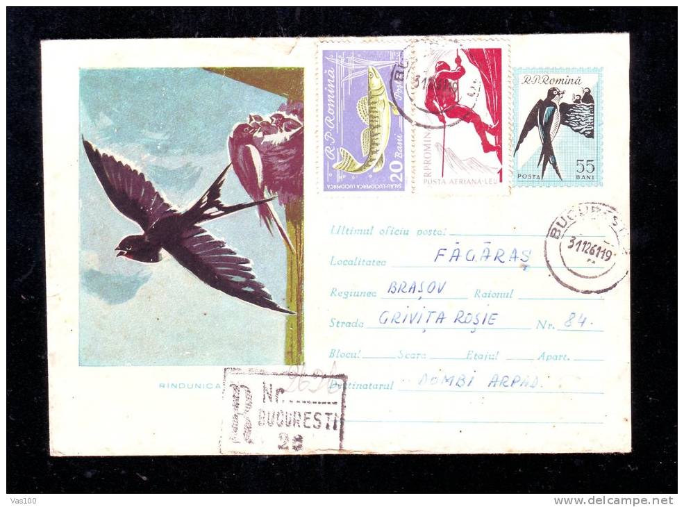 BIRDS, SWALLOW, CLIMBING, FISH, SPECIAL COVER, OBLITERATION ON COVER, REGISTRED, 1961, ROMANIA - Zwaluwen