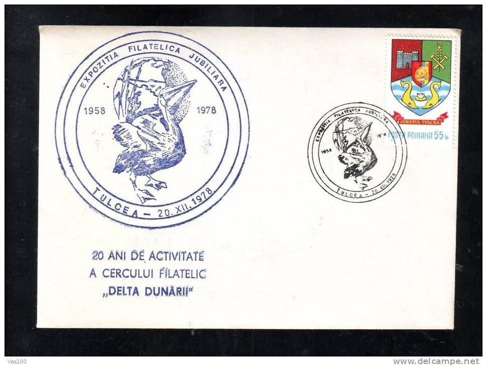 BIRD, PELICAN, DELTA DANUBE, TULCEA COUNTY-COAT OF ARMS, SPECIAL COVER, OBITERATION ON COVER, 1978, ROMANIA - Pelicans