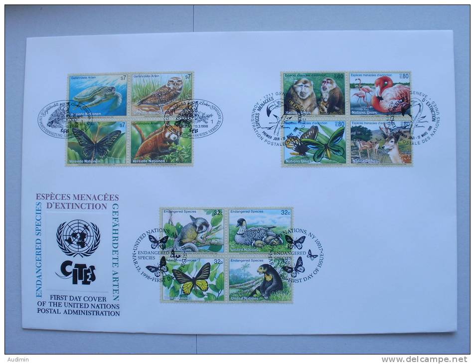 UNO-New York TRIO-FDC (41) Gefährdete Arten 1998,Fauna Auf Genfer-Cachet - Gemeinschaftsausgaben New York/Genf/Wien