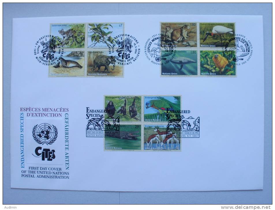 UNO-New York TRIO-FDC (13) Gefährdete Arten 1994, Fauna Auf Genfer-Cachet - FDC