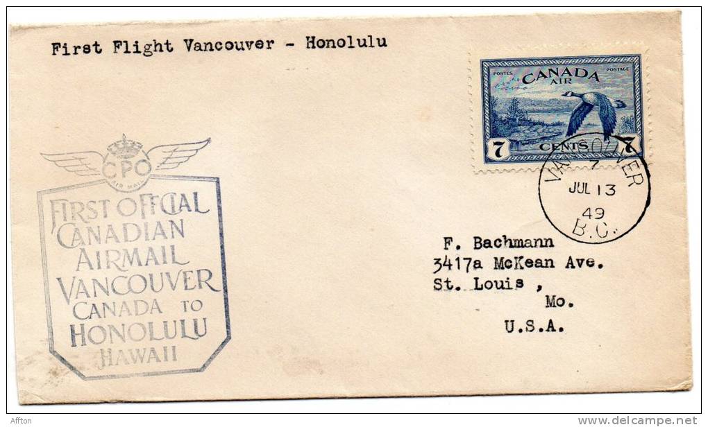 First Flight Vancouver Honolulu Hawaii 1949 Cover - Erst- U. Sonderflugbriefe