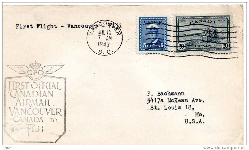 First Flight Vancouver To Fiji 1949 Cover - Primeros Vuelos