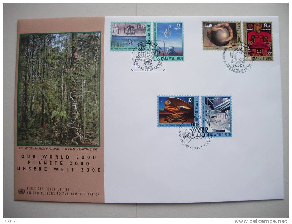 UNO-New York TRIO-FDC (58), Unsere Welt Im Jahre 2000 Auf Genfer-Cachet - New York/Geneva/Vienna Joint Issues