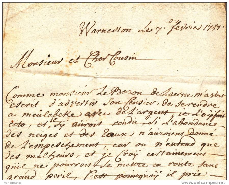 592/20 - Lettre Précurseur 1757 WARNETON Vers CCOURTRAY - Manuscrit WWarneton - Port 2 à L´encre - 1714-1794 (Oostenrijkse Nederlanden)