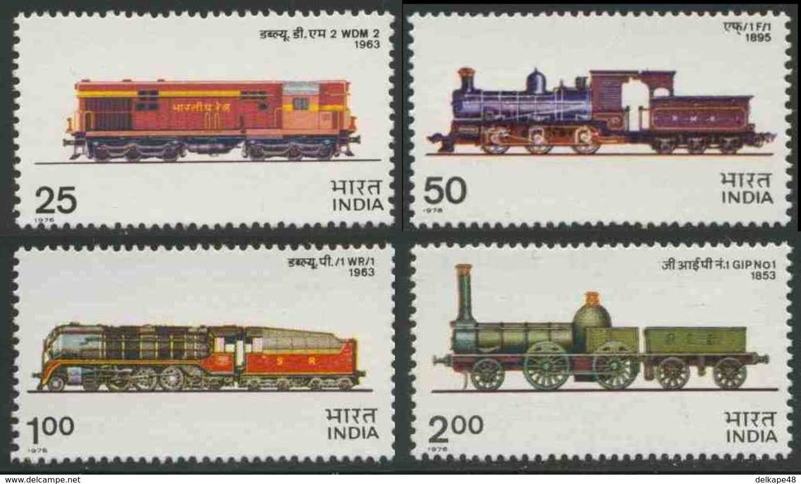 India Indien 1976 Mi 673 /6 YT 477 /0 SG 806 /9 ** Locomotives: WDM 2 + 1963, F/1, 1895 + WP./1, 1963 + GIP No. 1, 1853 - Nuevos