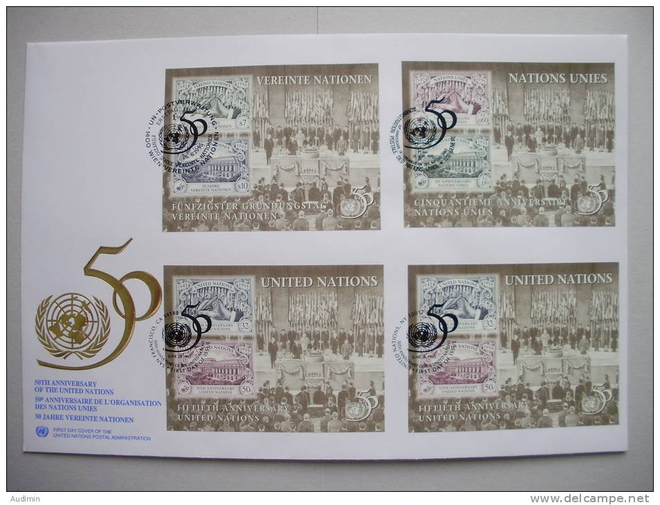 UNO-New York TRIO-FDC, Block, 50 Jahre UNO Auf Genfer-Cachet - New York/Geneva/Vienna Joint Issues