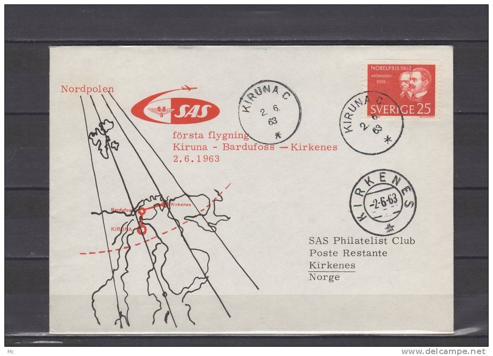 Midnight Sun Flight - Forsta Flygning - Kiruna-Bardufoss - Kirkenes - 2-6-1963 - Lettres & Documents