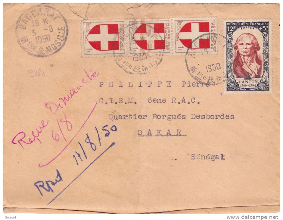 9381# SAVOIE DANTON / LETTRE PAR AVION Obl BACCARAT MEURTHE MOSELLE 1950 DAKAR SENEGAL - 1921-1960: Période Moderne