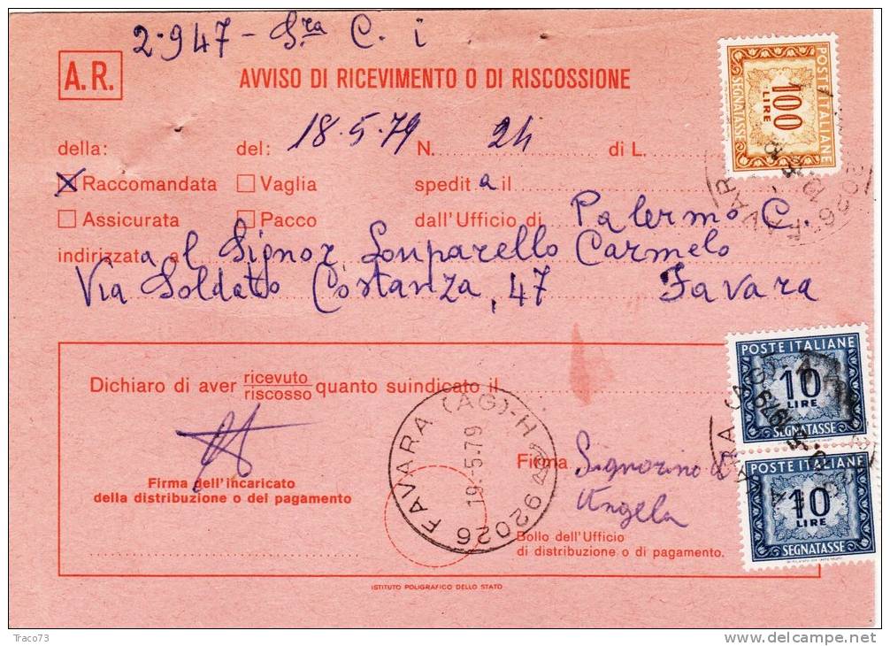 AVVISO DI RICEVIMENTO  /  Card _ Cartolina  - Lire 100 + 10 X 2 - 1971-80: Storia Postale