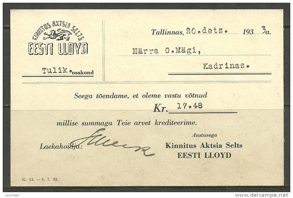 Estland Estonia Estonie Postal Card Insurance Company Estonian LLOYD Year 1933 - Banque & Assurance