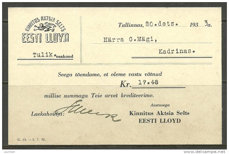 Estland Estonia Estonie Postal Card Insurance Company Estonian LLOYD Year 1933 - Banco & Caja De Ahorros