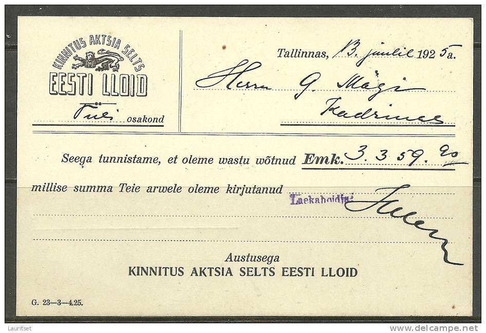 Estland Estonia Estonie Postal Card Insurance Document Company Estonian LLOYD Year 1925 - Bank & Insurance