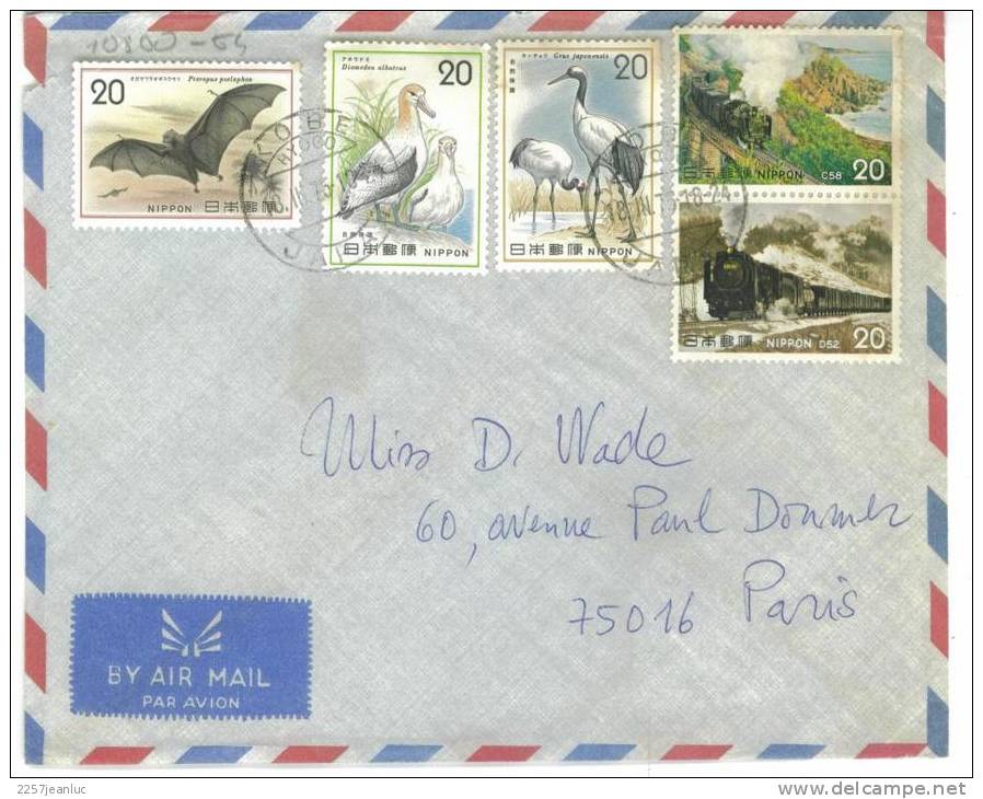 Lettre Japon   3 Timbres Oiseaux Et 2 Timbres  Locomotives  Oblit 1975 Pour Paris - Briefe U. Dokumente