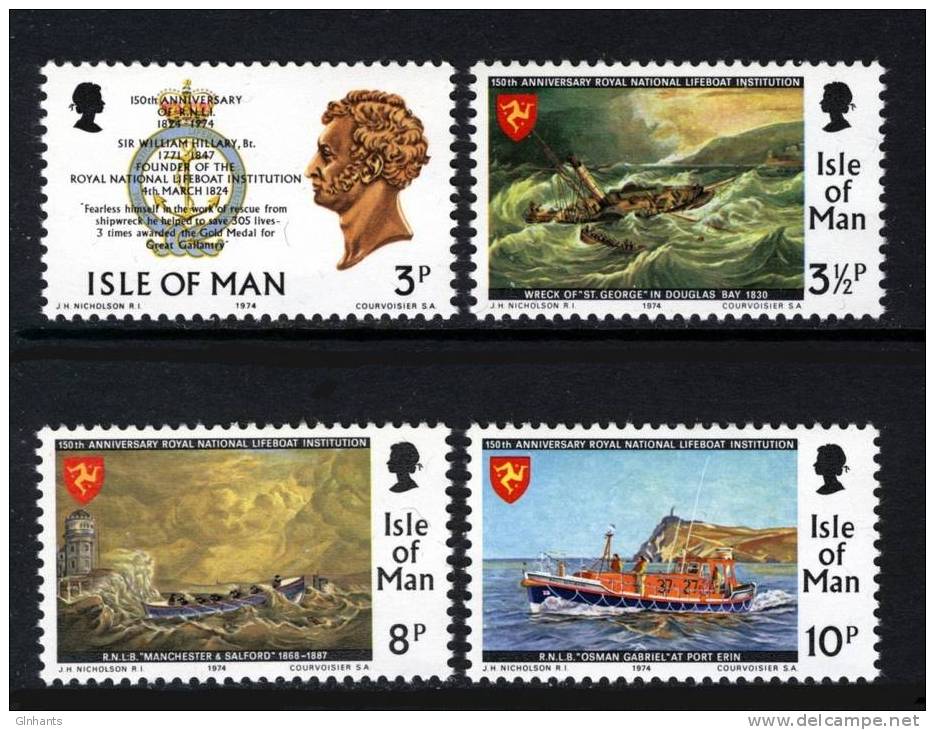 GB ISLE OF MAN IOM - 1974 RNLI ROYAL NATIONAL LIFEBOAT INSTITUTION SET (4V) FINE MNH ** SG 42-45 - Ships