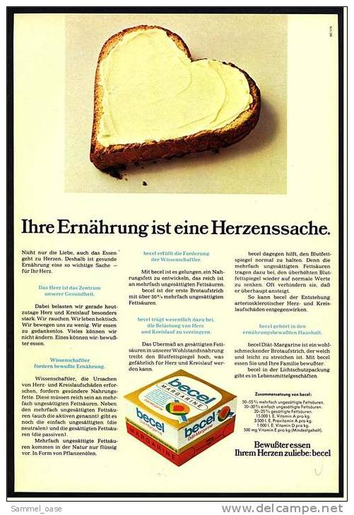 Reklame Werbeanzeige  ,  Becel Margarine  -  Ihre Ernährung Ist Eine Herzenssache  ,  Von 1973 - Sonstige & Ohne Zuordnung