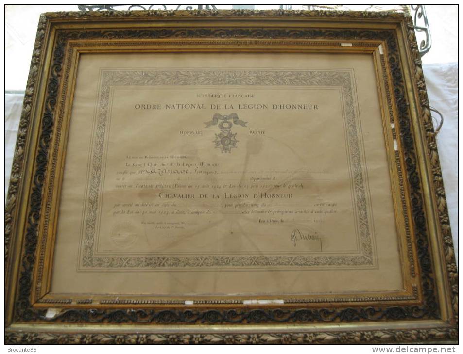 DIPLOME DE CHEVALIER DE LA LEGION D HONNEUR DE 1923 - Francia