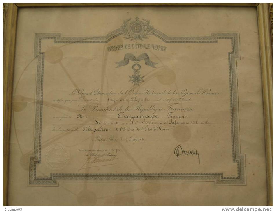 DIPLOME DE CHEVALIER DE L ETOILE NOIRE DU 7/03/1931 - France