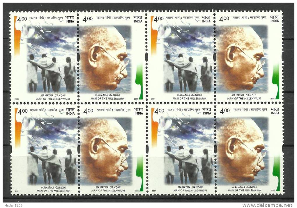 INDIA, 2001, Mahatma Gandhi, Man Of The Millenium, Setenant Pair, Block Of 4, MNH, (**) - Mahatma Gandhi