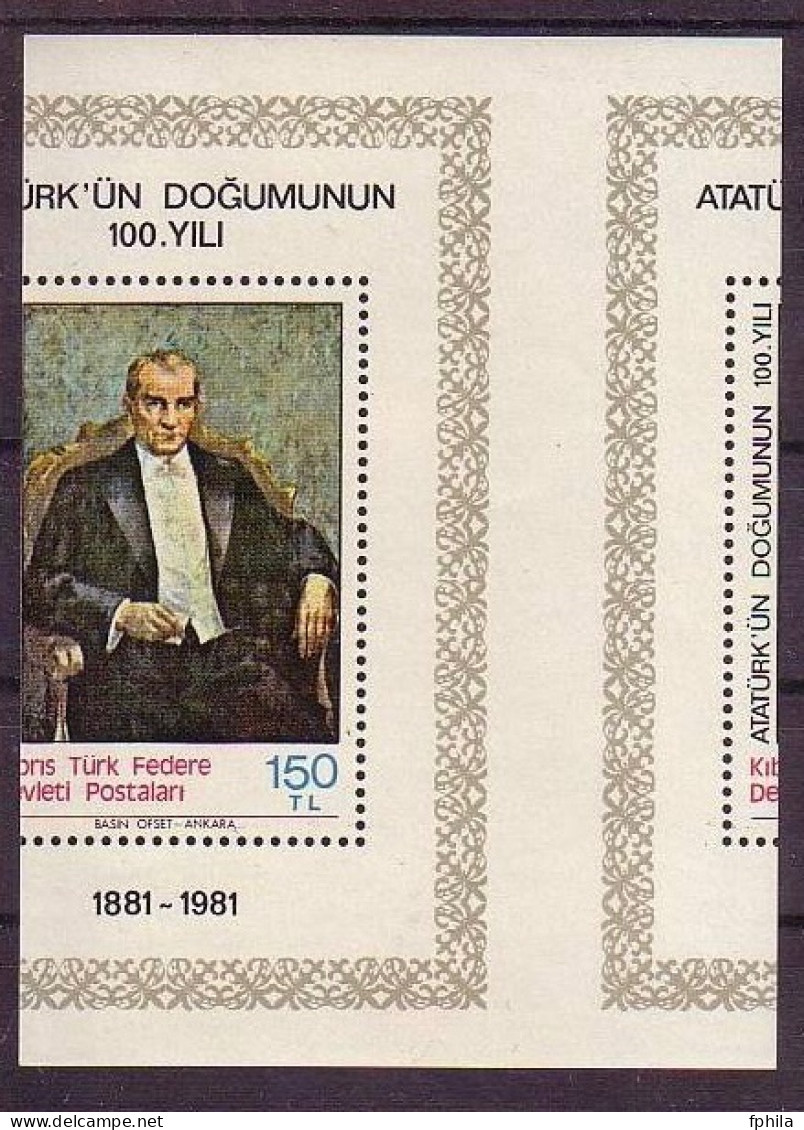 1981 NORTH CYPRUS PRINTING ERROR VERY RARE - SOUVENIR SHEET FOR THE BIRTH CENTENARY OF ATATURK MNH ** - Neufs