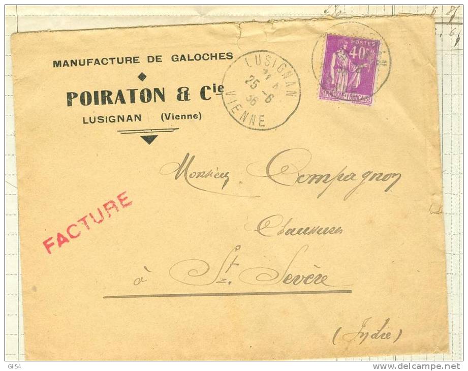 Lettre Avec Sa Facture MANUFACTURE DE GALOCHES  POIRATON &amp; CIE LUSIGNAN (vienne)  Oblitéré Cad Lusignan En 1936 Aa15 - 1921-1960: Période Moderne