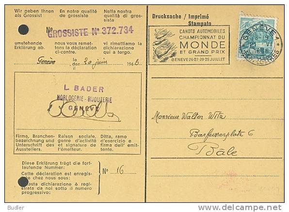 HELVETIA/SWITZERLAND:1946:Illustrated Cancellation On Trav. Cover:CANOT AUTOMOBILE,MOTORBOAT,SPEEDBOAT,WORLDCHAMPIOSHIP, - Jetski