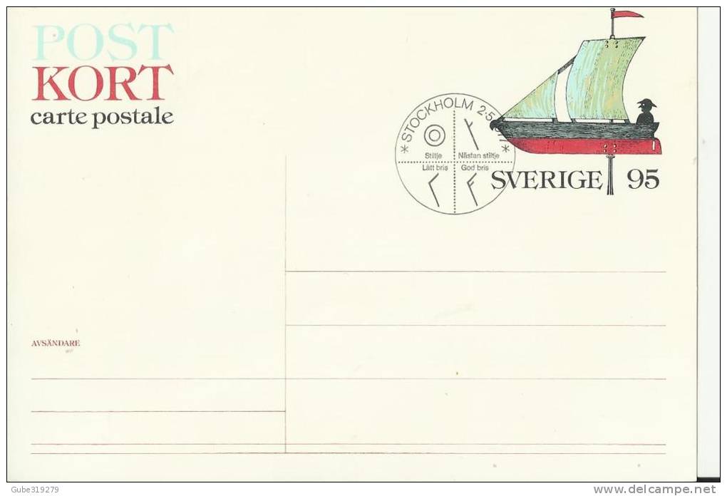 SWEDEN 1977 – PRE-STAMPED POSTCARD  OF 95 ORE  – “BREEZES- SAILING BOAT” NEW  POSTM STOCKHOLM  MAY 2  RE2101 - Postal Stationery
