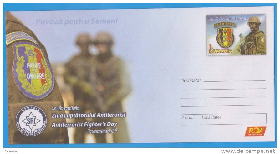 Antiterrorist Fighter's Day  Romania Postal Stationery Cover 2012 - Politie En Rijkswacht