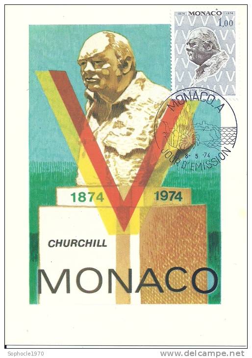 MONACO - Centenaire 1874-1974  - Winton Churchill - Timbre Et Tampon Jour D'émission - Maximum Cards