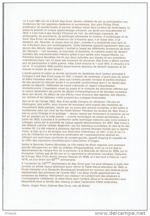 Encart-dépliant 1° Jour De 1991 (6 Pages) " MAX ERNST ". N° YT 2727 + Timbre Allemand + Prix Dégressif. - Emissions Communes