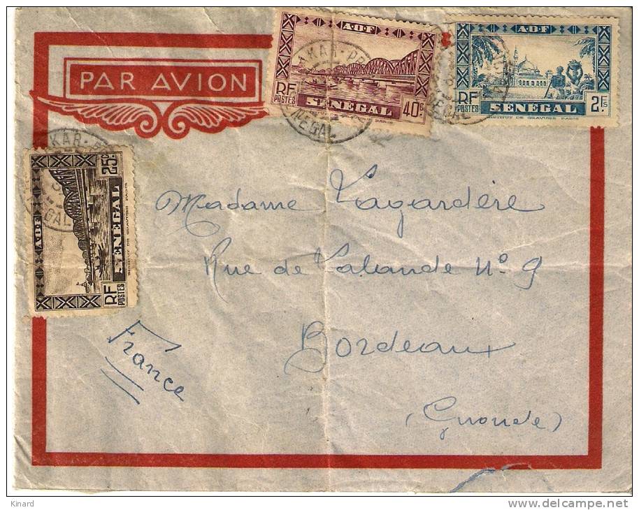 LETTRE . PAR AVION  DU SENEGAL . DAKAR  POUR BORDEAUX ..1937. - Lettres & Documents