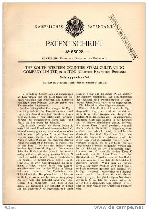 Original Patentschrift - Steam Cultivating Ltd. In Alton , Hampshire , 1891 , Shovel For Road , Bridges , Railway !!! - Maschinen