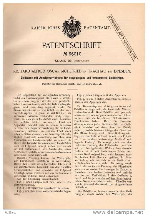 Original Patentschrift - R. Mühlfried In Trachau B. Dresden , 1892 , Geldkasse Mit Anzeige , Geld , Kasse , Sparkasse !! - Historische Dokumente