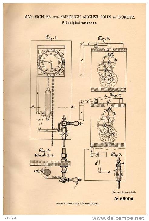 Original Patentschrift - M. Eichler Und F. John In Görlitz , 1892 , Flüssigkeitsmesser Für Uhr , Wanduhr , Uhrmacher !!! - Other & Unclassified