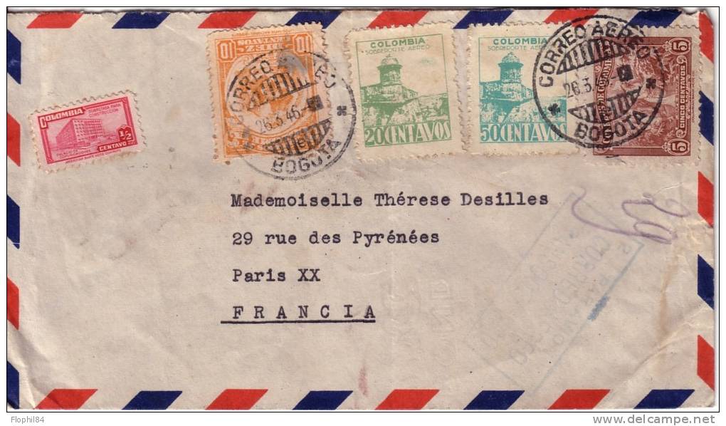 COLOMBIE-BOGOTA LE 26-3-1946-LETTRE POUR LA FRANCE. - Kolumbien