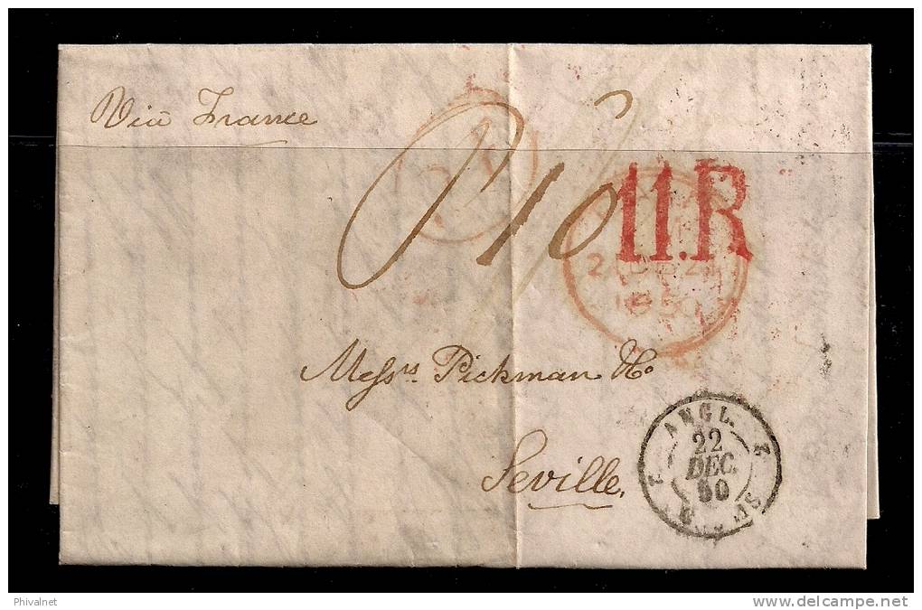 GRAN BRETAÑA, AÑO 1850, CARTA COMPLETA CIRCULADA DE LONDRES A SEVILLA, VIA FRANCIA - ...-1840 Vorläufer