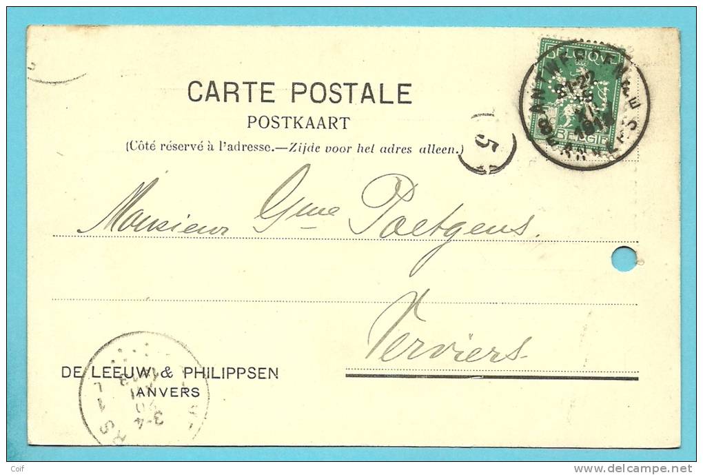 110 Op Postkaart Met Firma-perforatie (Perfin/perfore) " D&P" Van De Leeuw & Philippsen Anvers - 1909-34