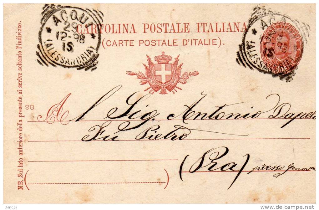 1898  CARTOLINA CON ANNULLO ACQUI ALESSANDRIA - Interi Postali