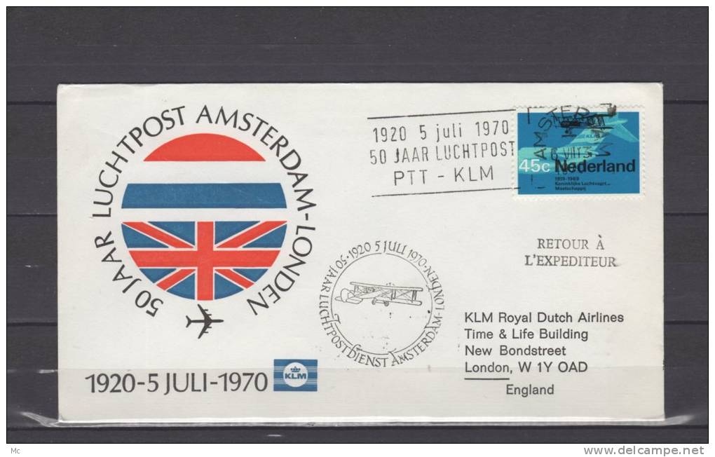 Anniversaire - 50 Jaar Luchtpost / Amsterdam - Londen / 5-07-1970 - Poste Aérienne