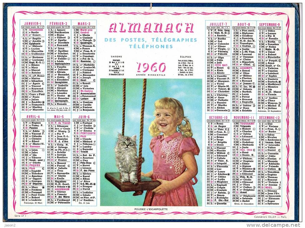 Almanach Des Postes Oller 1960 Fillette Chat Balancoire Poussez L'escarpolette - Formato Grande : 1941-60