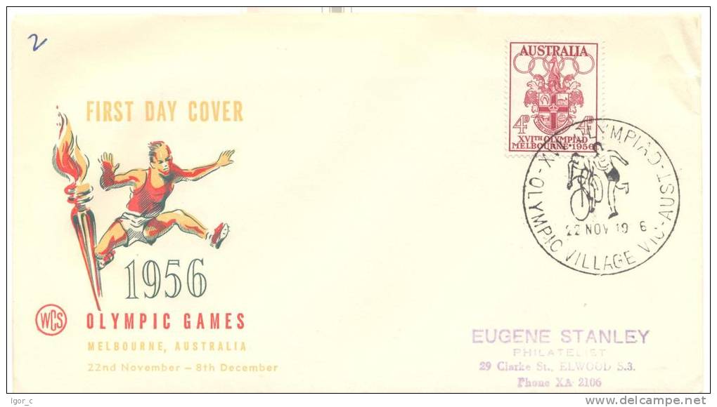 Australia Olympic Games 1956 Melbourne FDC - Coat Of Arms Stamp- Oly. Village Cycling And Runner Cancell, Hurdler Cachet - Summer 1956: Melbourne