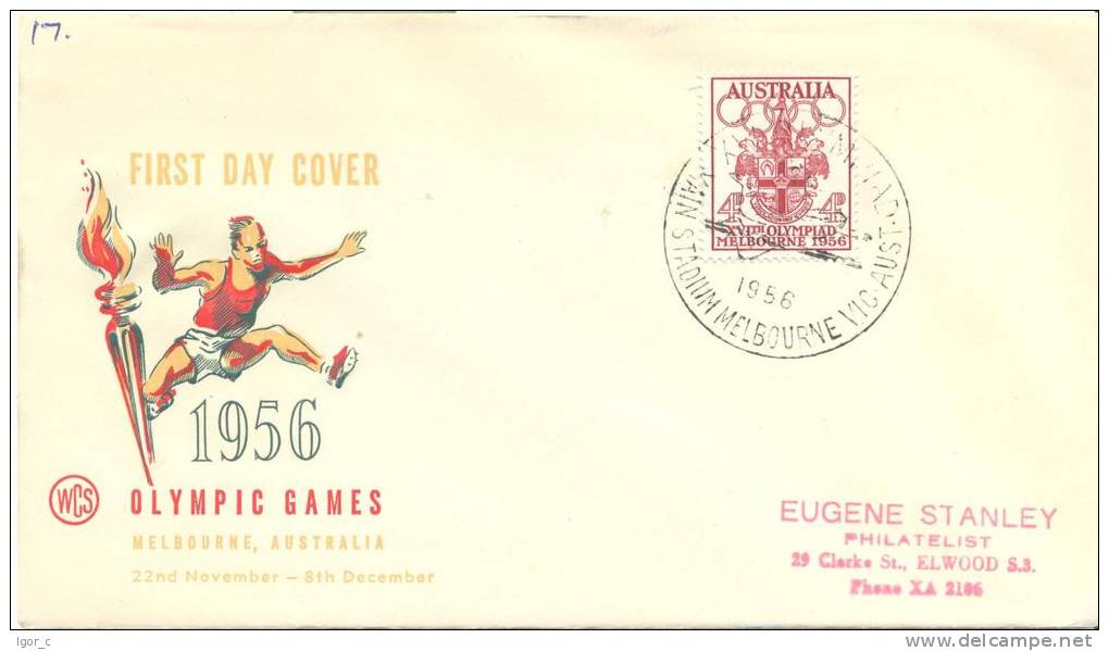 Australia Olympic Games 1956 Melbourne FDC - Coat Of Arms Stamp - Main Stadium Handstamp, Hurdler Cachet - Ete 1956: Melbourne