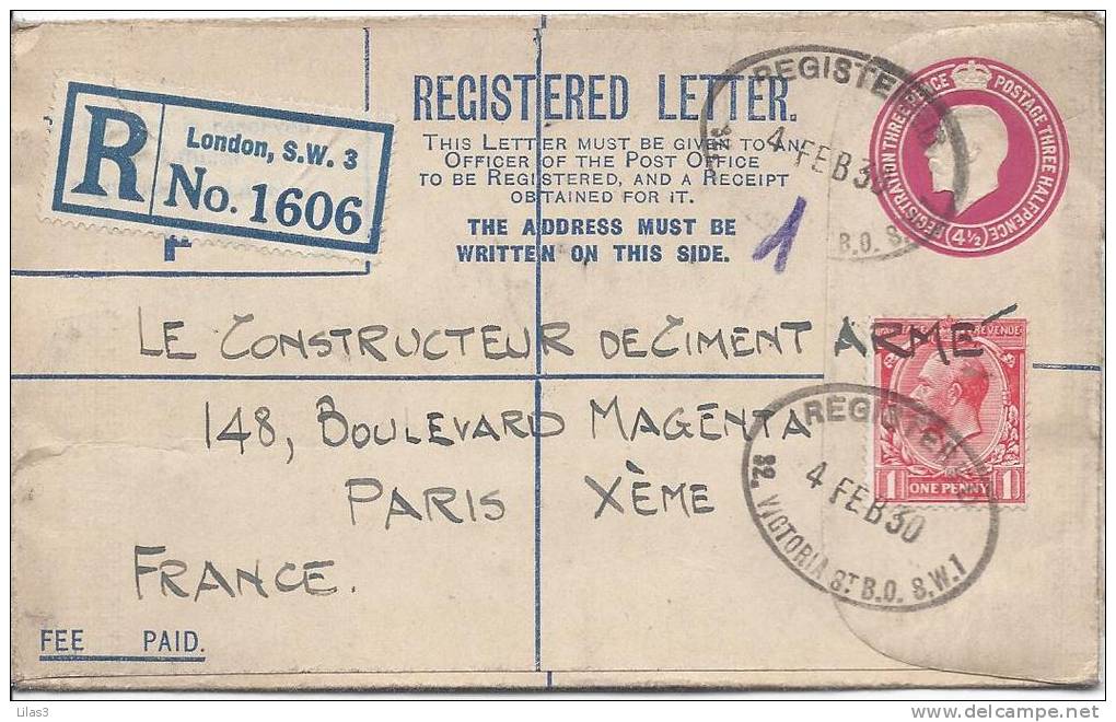 Enveloppe Recommandée 4.5 Pence Rouge Pour La France Paris 4/2/1930 Complément Affranchissement Timbre 1 Penny - Stamped Stationery, Airletters & Aerogrammes