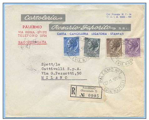 1959 SIRACUSANA L.5+20+25+60 BUSTA PUBBLICITARIA 27.11.59 TARIFFA LETTERA RACC. L.115 – SPLENDIDA QUADRICOLORE (5399) - 1946-60: Storia Postale