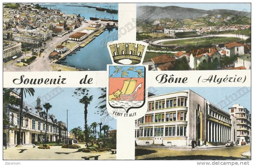 Bone Souvenir Multi Vues  Stadium  Algerie,emblem, Old  Postcard - Annaba (Bône)