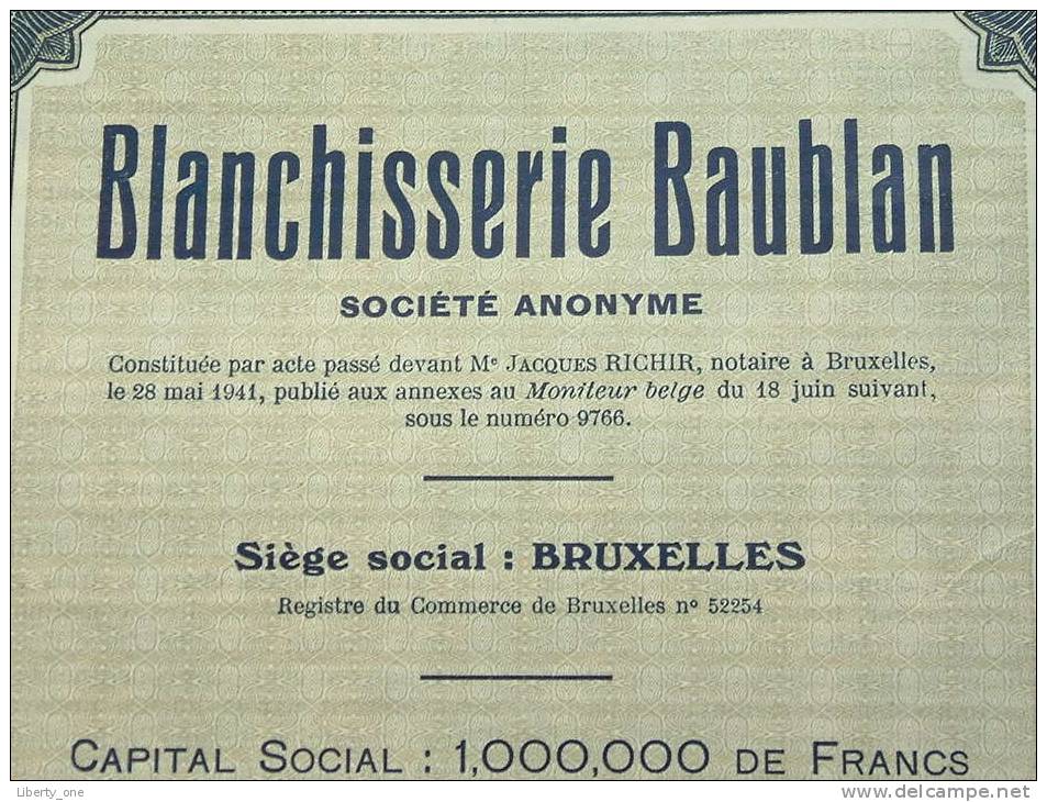 Blanchisserie " BAUBLAN " Bruxelles 1944 Action 250 Francs N° 000201 ( Voir Photo Pour Détail ) ! - A - C