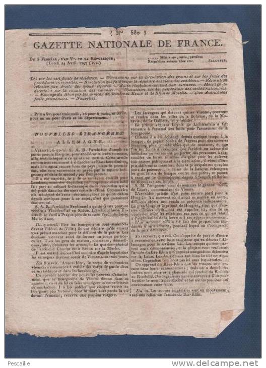 GAZETTE NATIONALE DE FRANCE 24 04 1797 - VIENNE - ALLEMAGNE - NANTES - HOCHE ARMEE SAMBRE & MEUSE ALTENKIRCHEN DIERDORFF - Journaux Anciens - Avant 1800